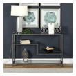 modern table design Uttermost  Console & Sofa Tables Industrial Inspired Function With Multi-level Display Shelves, Featuring Ribbed Iron Finished In An Aged Gunmetal With A Light Rust Patina. Shelves Are Clear Tempered Glass.