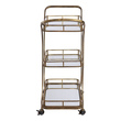 3 door storage cabinet Uttermost Serving Cart / Kitchen Island Hand Forged In Solid Iron, This Transitional Bar Cart Features Three Tray Style Mirrored Shelves Finished In Antiqued Gold, Complete With Rolling Casters.