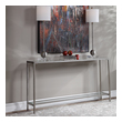 living room furniture tables Uttermost  Console & Sofa Tables Classic And Minimalistic, This Narrow Iron Console Table Is Finished With Lightly Antiqued Silver Leaf, Inset With A Beveled Mirrored Top, And Gallery Shelf In Clear Glass.