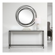 brass glass side table Uttermost Console & Sofa Tables Classic And Minimalistic, This Narrow Console Table In Steel Is Finished With A Streamlined Rustic Black, Inset With A Beveled Mirrored Top, And Gallery Shelf In Clear Glass.