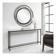 brass glass side table Uttermost Console & Sofa Tables Classic And Minimalistic, This Narrow Console Table In Steel Is Finished With A Streamlined Rustic Black, Inset With A Beveled Mirrored Top, And Gallery Shelf In Clear Glass.
