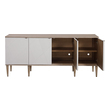 small white chest Uttermost Chests & Cabinets Crisp And Modern, This Stylish Four Door Cabinet Is The Perfect Sideboard, Media Unit, Or Console Cabinet. The Elm Veneer Exterior Creates A Light And Airy Feel With A Natural Oak Ceruse Finish. Accented By Geometrically Textured Doors Atop Sleek Tapered Legs, Adding A Subtle Mid-century Feel. Each Soft Close Door Has An Aged Steel Tab And Opens To A Compartment With One Adjustable Shelf Complete With Wire Management.