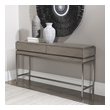 small sideboard table Uttermost  Console Table With Modern Simplicity, This Console Table Is Layered In An Oak Veneer And Finished In A Light Mushroom Gray Stain Featuring Two Hidden Storage Drawers. Sits On A Stainless Steel Base Finished In Brushed Nickel.