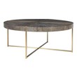 rattan wicker coffee table Uttermost Cocktail & Coffee Tables Contemporary In Style, This Coffee Table Features A Stainless Steel Framework Finished In A Brushed Brass With A Round Acacia Veneer Top In A Dark Walnut Stain Washed With A Light Gray Glaze.