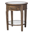 designer end tables Uttermost Accent & End Tables A Rustic Casual And Versatile Look, Constructed From Select Hardwoods With A Mango Veneer, Finished In A Weathered Pecan With A Gray Wash. Inset With Antique Mirrors On The Top And Gallery Shelf And Accented With An Industrial Bar Pull In Lightly Burnished Iron.