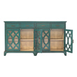 office used Uttermost Credenzas Featuring Solid Wood Construction, This Credenza Showcases Enhanced Cabinet Doors With Intricate Wooden Cutouts Over Glass. Finished In A Lagoon Green Exterior With A Contrasting Antique White Finished Interior And Accented With Coffee Bronze Finished Hardware. Open Shelf Styling Allows Versatility As A Sideboard Or Media Console. Interior Shelves Are Adjustable.