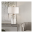 outdoor lamp shade covers Uttermost Georgios Cylinder Table Lamp This Lamp Showcases An Aged White Ceramic Base Accented With Charcoal Flecks And Textured Beige Drip Details. Brushed Nickel Hardware Is Paired With This Piece.