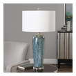 night table lamp for bedroom Uttermost Blue Ceramic Table Lamp Heathered Blue Ceramic Featuring Subtle Decorative Embossing With Silver Ivory Highlights And Rust Undertones Accented With Brushed Nickel Details And A Crystal Foot.