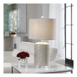 glass and brass table lamp Uttermost Taupe Ceramic Lamp Textured, Oval Ceramic Base Finished In A Light Taupe-gray Glaze, With Brushed Nickel Plated Accents And Crystal Details.