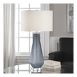 brass can lights Uttermost Charcoal Gray Table Lamp Unpolished, Blue-gray Glass, Featuring A Subtle Twist Shape, Accented With Brushed Nickel Highlights And Crystal Details.