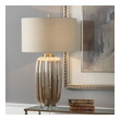 white and brass lamp Uttermost Gold Table Lamp Ribbed Ceramic Finished In A Two-tone Pearlescent Ivory And Rust Brown Glaze, Accented With Plated Brushed Antiqued Gold Details And A Thick Crystal Foot.