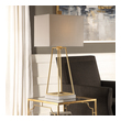 white cylinder lamp shade Uttermost Metallic Gold Lamp This Linear Design Featuring A Clean Line Tapered Steel Cage, Finished In Plated Metallic Gold, Displayed On A White Marble Foot.