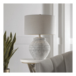 small white bedside lamp Uttermost Montsant Stone Table Lamp Showcasing An Old-world Style, This Ceramic Table Lamp Has A Heavily Distressed Stone Ivory Finish And Aged Gray Undertones, Accented With Brushed Nickel Plated Details.