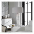 small glass light bulb covers Uttermost White Table Lamp Inspired By The Bark Of A Birch Tree, This Table Lamp Features A Ceramic Base Finished In Off-white With Rust-colored Accents And Noticeable Texture And Distressing. The Piece Also Has A Crystal Foot And Brushed Nickel Details.