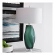 bed side table with light Uttermost Green Glass Table Lamp Showcasing An Organic Shape, This Elegant Table Lamp Has A Frosted Emerald Green Glass Base With Brushed Nickel And Crystal Accents.