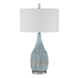 small beige lamp shade Uttermost Coastal Table Lamp Showcasing A Refined Coastal Style, This Table Lamp Has A Ceramic Base Finished In An Aqua And Teal Crackle Glaze With Touches Of Rust Brown. Polished Nickel And Crystal Accents Highlight The Design.