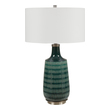 lighting s Uttermost Deep Green Table Lamp Finished In A Stunning Deep Teal Glaze, This Ceramic Table Lamp Features Hand Carved Organic Vertical Lines Accented With Brushed Nickel Details.