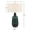 lighting s Uttermost Deep Green Table Lamp Finished In A Stunning Deep Teal Glaze, This Ceramic Table Lamp Features Hand Carved Organic Vertical Lines Accented With Brushed Nickel Details.