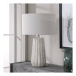 end tables and lamps Uttermost Stone-Ivory Table Lamp This Ceramic Table Lamp Features A Fluted Design With A Porous Texture Finished In A Stone-ivory And Taupe Glaze, Accented With Brushed Nickel Plated Details And A Thick Crystal Collar.