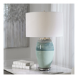 feather bedside lamp Uttermost Teal Table Lamp This Ceramic Table Lamp Is Finished In A Beautiful Aqua And Teal Crackle Glaze Paired With Brushed Nickel Plated Accents That Add An Elegant Touch To The Piece.