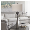 pink and white lamp Uttermost Handcrafted Cast Table Lamp Handcrafted From Cast Aluminum, This Table Lamp Showcases An Old Iron Look With Noticeable Indentations And Sanding Marks, Accented With Brushed Nickel Plated Details. The Lamp Is Paired With A White Hardback Drum Shade.