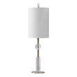 pink glass lamp Uttermost Cut Crystal Buffet Lamp This Elegant Piece Showcases A Slender Profile Featuring Polished Cut Crystal Details, Paired With Plated Antique Brass Accents. A Round Hardback Drum Shade In White Linen Fabric Completes This Sophisticated Design.
