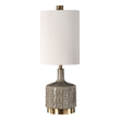 neutral white led light bulbs Uttermost Gray Table Lamp Finished In A Crackled Gray Glaze, This Ceramic Table Lamp Echoes Mid-century And Contemporary Styles. The Base Of This Piece Showcases An Embossed Repeating Geometric Design, Accented With Antique Brass Plated Details.