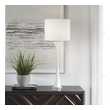 tiffany glass lamp shades Uttermost White Marble Buffet Lamp Showcasing A Classic Trumpet Shape, This Buffet Lamp Is Handcrafted From Granulated White Marble That Accurately Replicates The Look Of Thassos Marble, Displayed On A Thick Crystal Foot, Paired With Brushed Nickel Plated Accents.