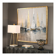 framed wall canvas Uttermost Nautical Art Hand Painted Canvas , Rich Gold Leaf Frame, Colors Of White, Off White, And Gray Painted Background With Silver And Gold Metallic Leaf Boat Sails. Blues, Mostly Indigo Wit Charcoal And Some Tan And Browns.  Palette Is Prominently Blue, Gray And Metal