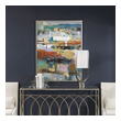 home art Uttermost Abstract Art Antiqued Silver Leaf Gallery Frame. Multi-color Composition With Gold Leaf Accents, Blue, Green, White, Canary, Flesh Tone, Deep Salmon Red Accent.