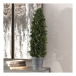 bright green artificial plants Uttermost Trees-Greenery Wispy Sprays Of Cypress Foliage, Preserved While Freshly Picked To Maintain The Life-life Evergreen Quality, Set Into A Ribbed Terracotta Pot Finished In An Aged Dark Gray. For Indoor Use Only.